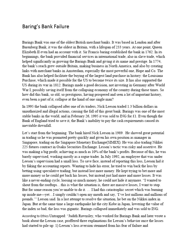 Barings Bank Failure PDF Economies Private Sector