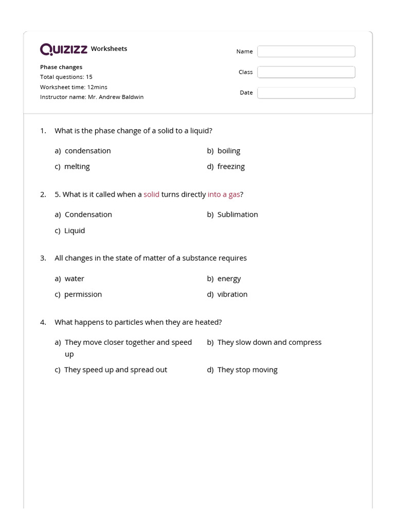 Phase Changes Quizizz PDF Phase (Matter) Water