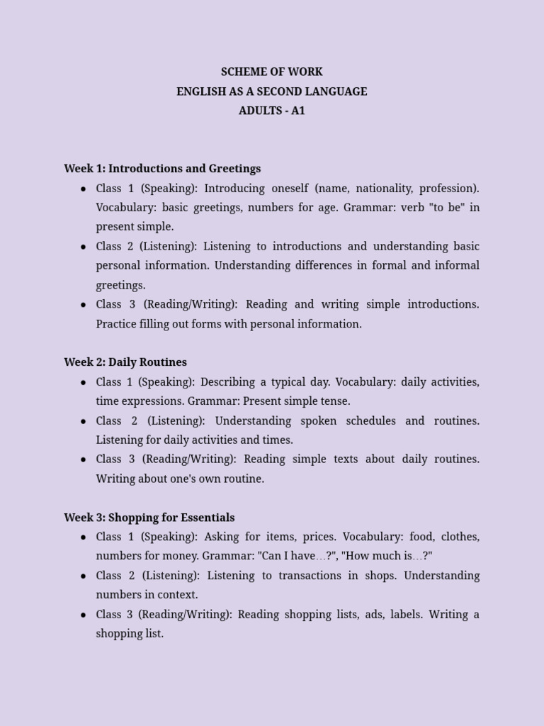 SCHEME OF WORK ENGLISH AS A SECOND LANGUAGE ADULTS A1 | PDF | English
