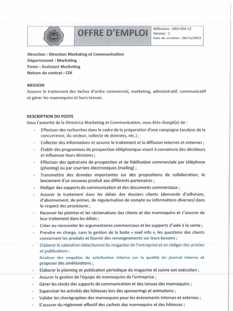 Fiche de Poste Assistant Marketing 1702067237 | PDF