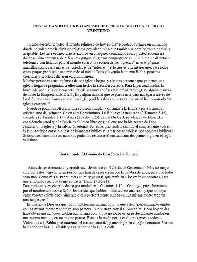 Restaurando El Cristianismo Del Primer Siglo en El Siglo 21 PDF