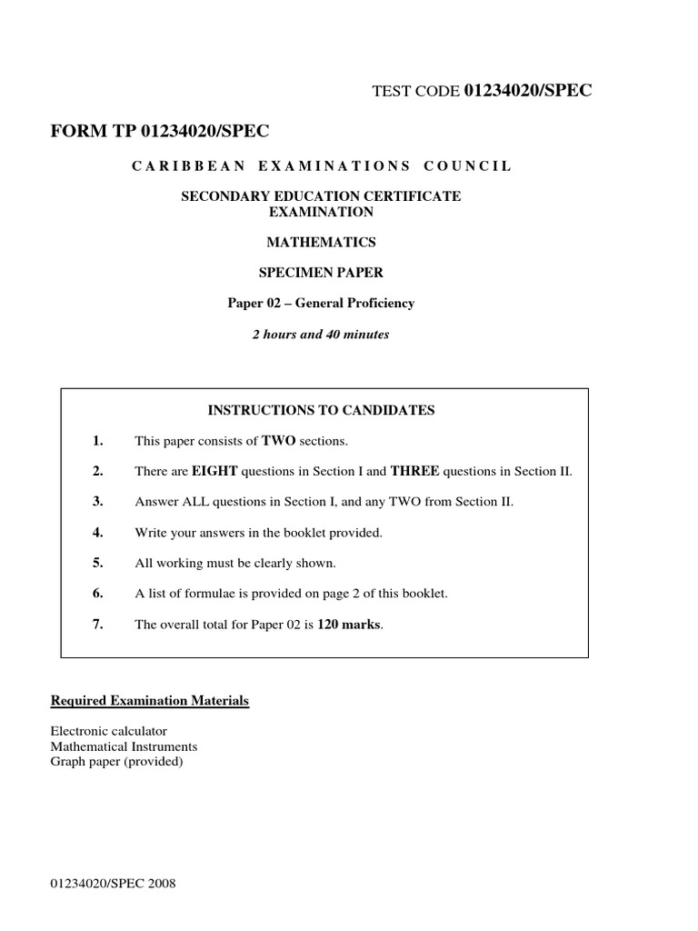 CSEC Mathematics Specimen Paper 2008 | PDF | Mathematics