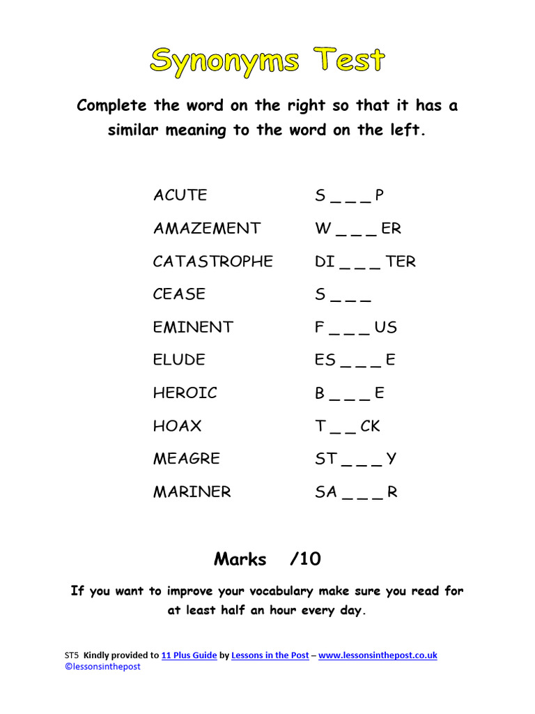 Lesson in The Post Synonyms Test 01 PDF