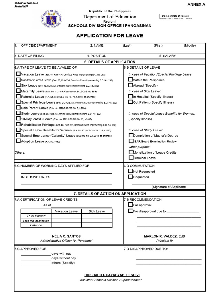 CS Form No. 6 Revised 2020 Teaching Personnel | PDF | Sick Leave | Justice