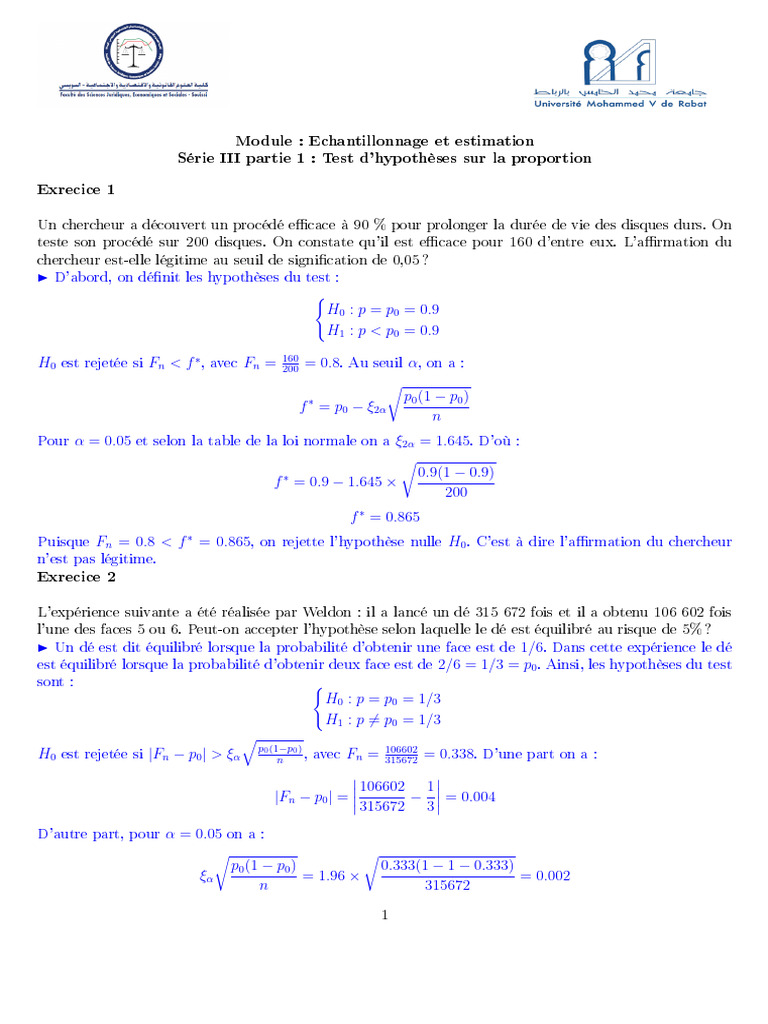 Test d'hypothèses sur proportions et moyennes | PDF | Échantillonnage ...