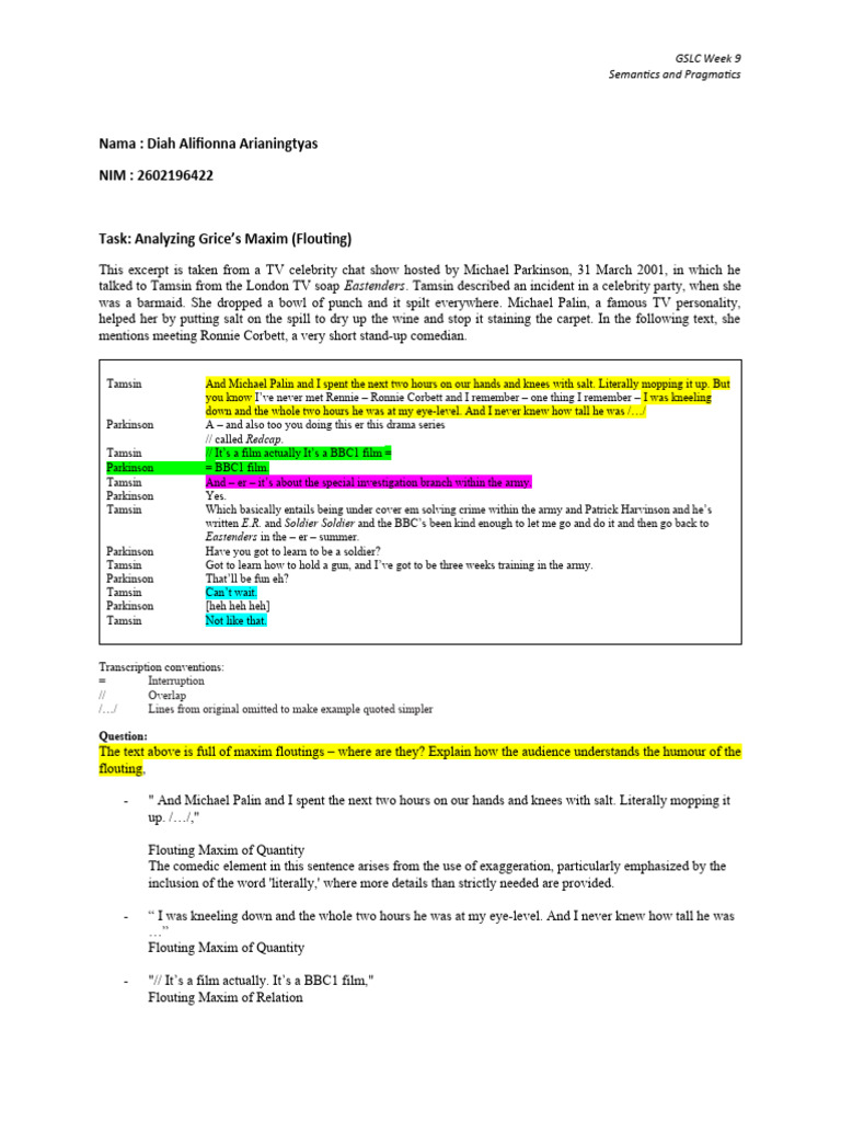 W9 - Analyzing Grice's Maxim (Flouting) - Diah Alifionna - GSLC | PDF ...