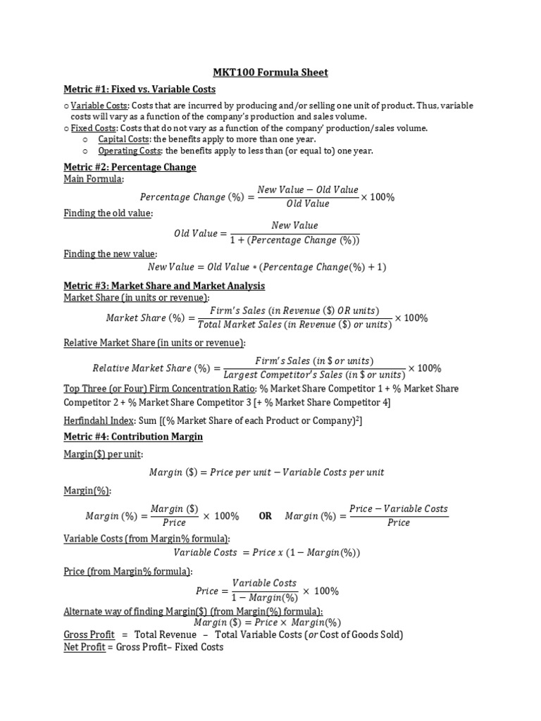 MKT100 Cost and Profit Metrics Guide | PDF | Gross Margin | Economics