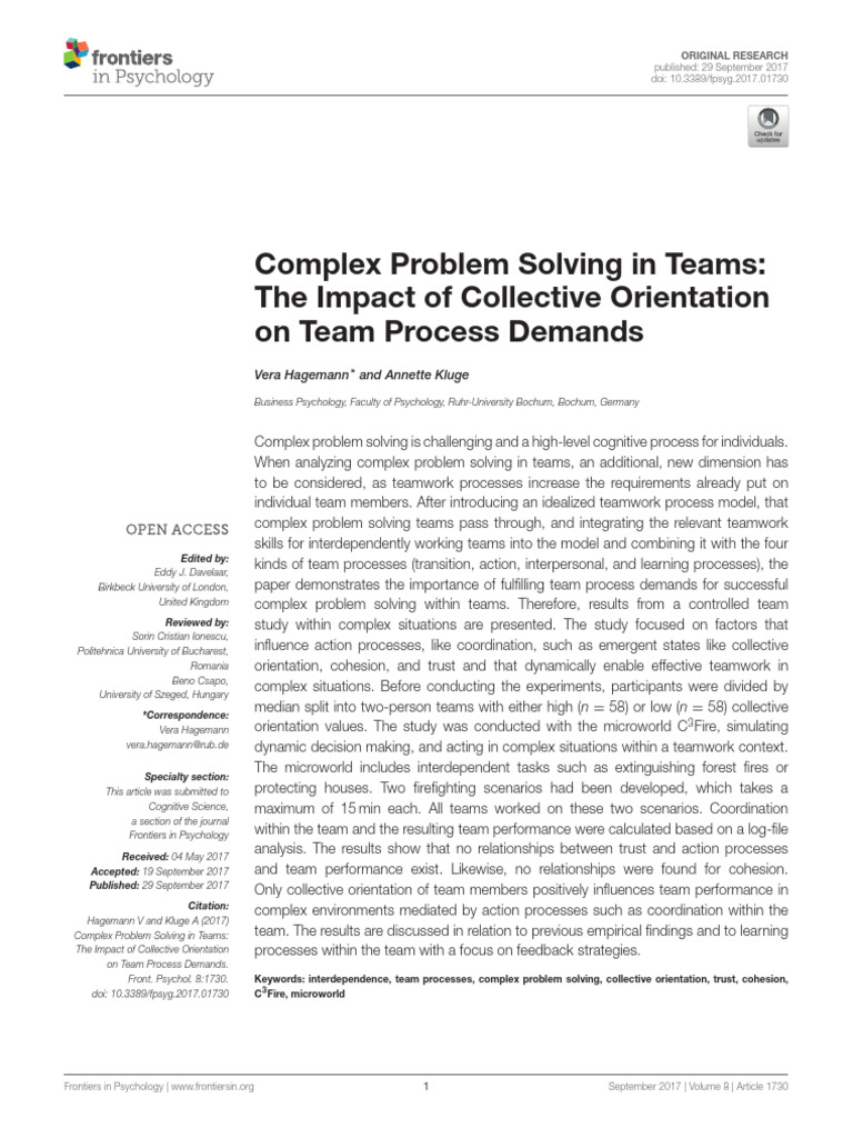 Complex Problem Solving in Teams | PDF | Situation Awareness | Goal