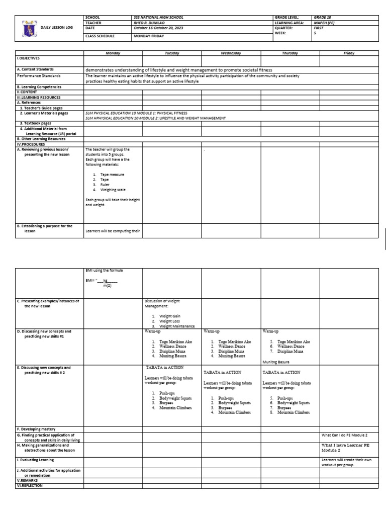 Grade 10 MAPEH Daily Lesson Plan | PDF | Learning | Weight