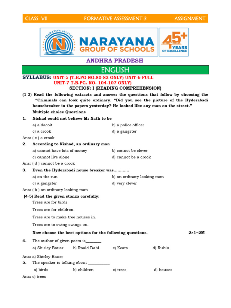 English A P Ssc Class 7 English Formative Assessment 3 Worksheet