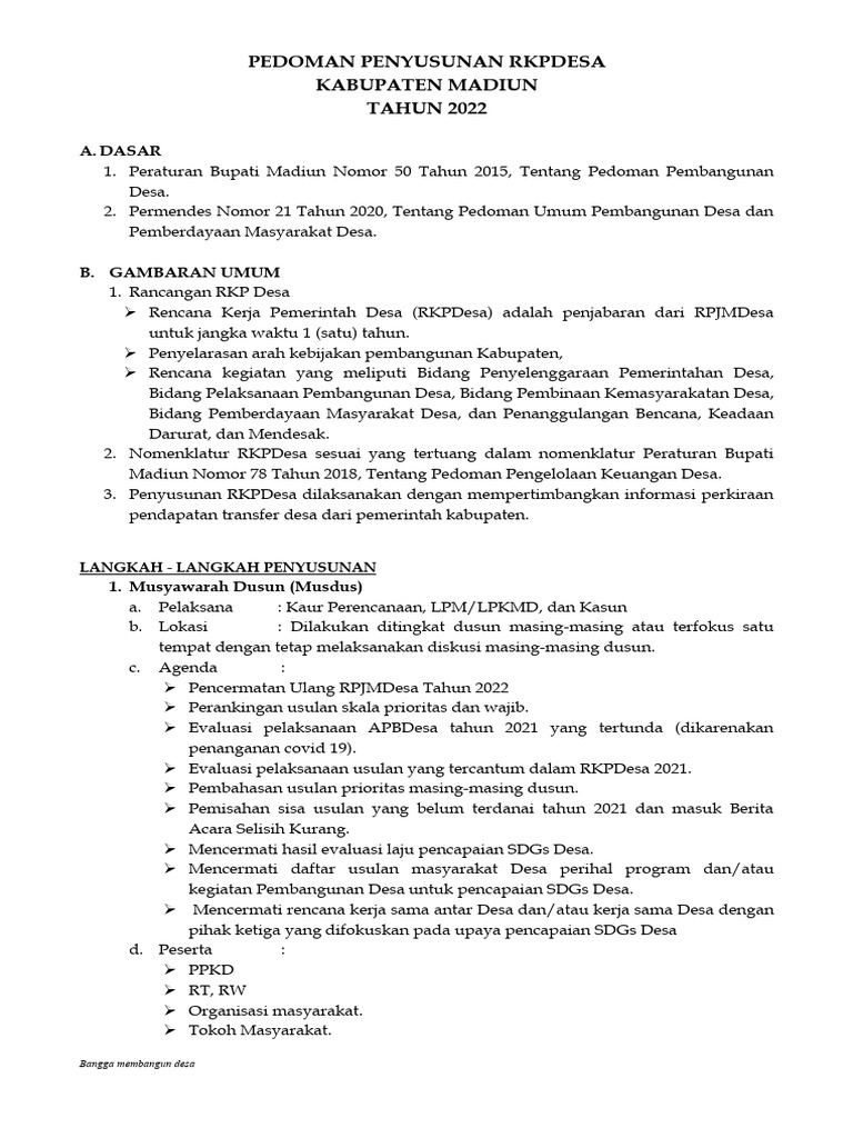 PEDOMAN PENYUSUNAN RKPDESA (PERBUP 50 Dan Permendes 17) | PDF