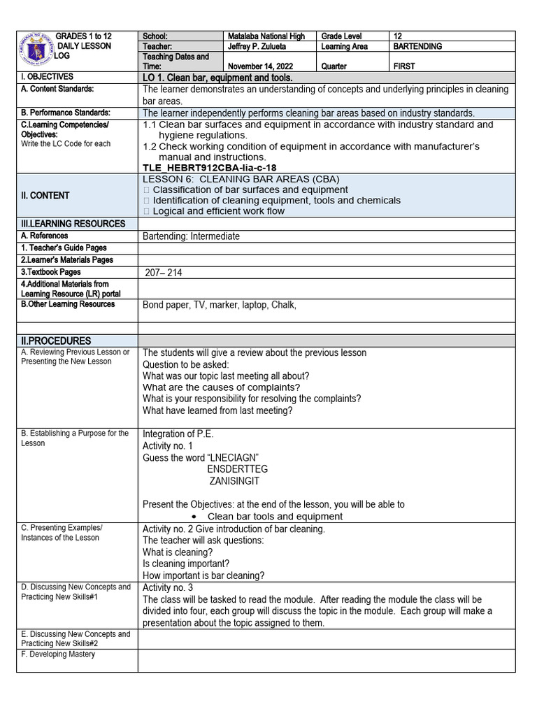Cleaning Bar Tools and Equipment PDF Learning Kitchen