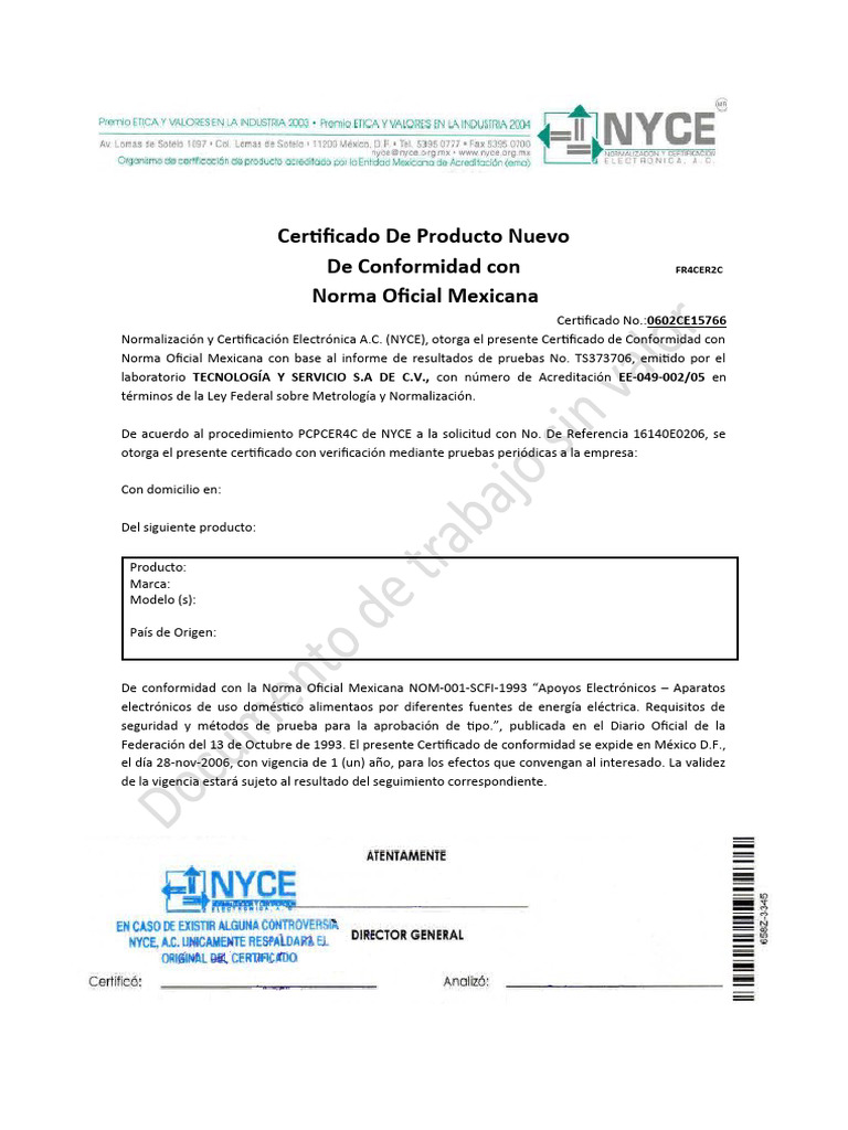 Certificado de Conformidad NOM-001-SCFI-1993 | PDF
