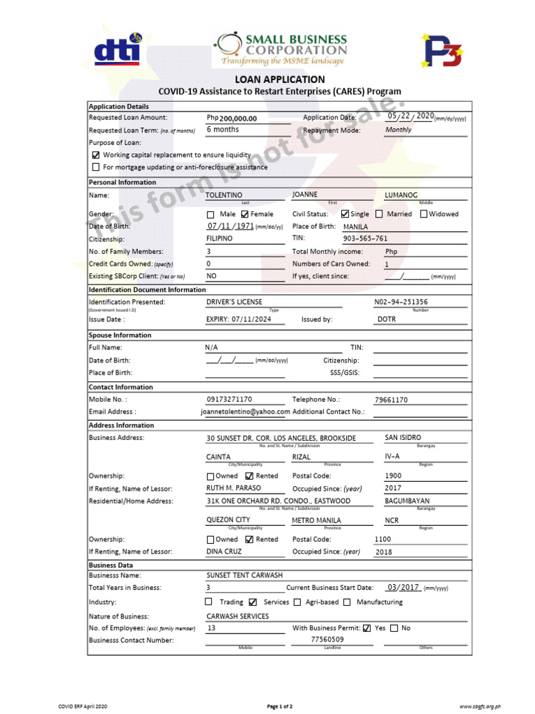 DTI Loan Application Form PDF Expense Loans