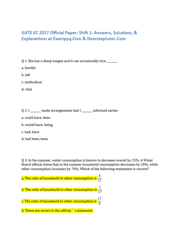 GATE EC 2017 Shift 1: Questions & Solutions | PDF | Doping ...