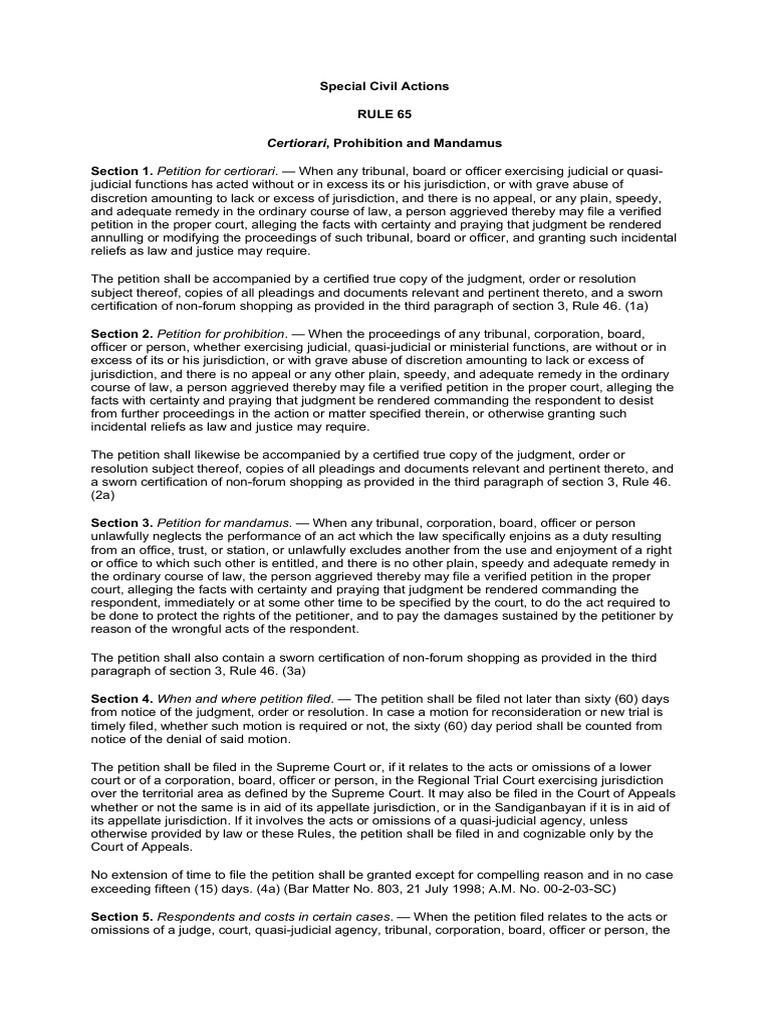 Special Civil Actions: Certiorari, Prohibition, Mandamus | PDF ...