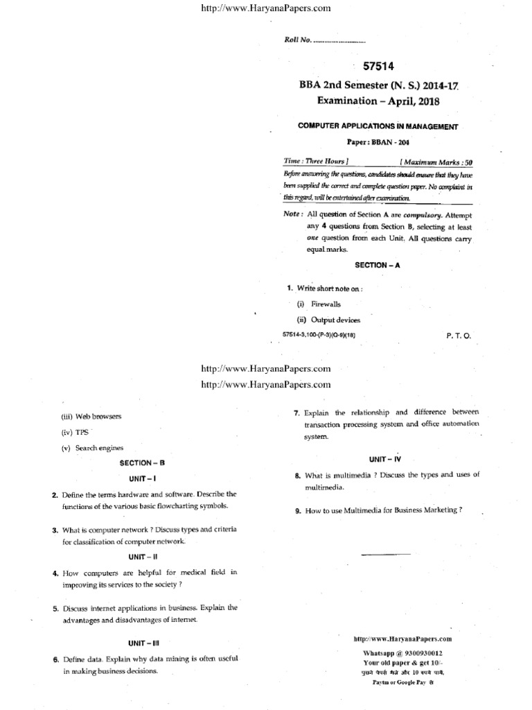 Bba 2 Sem Computer Applications in Management 57514 May 2018 | PDF