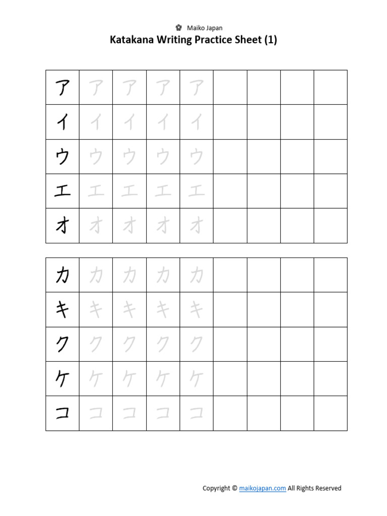 Katakana Writing Practice Sheets PDF