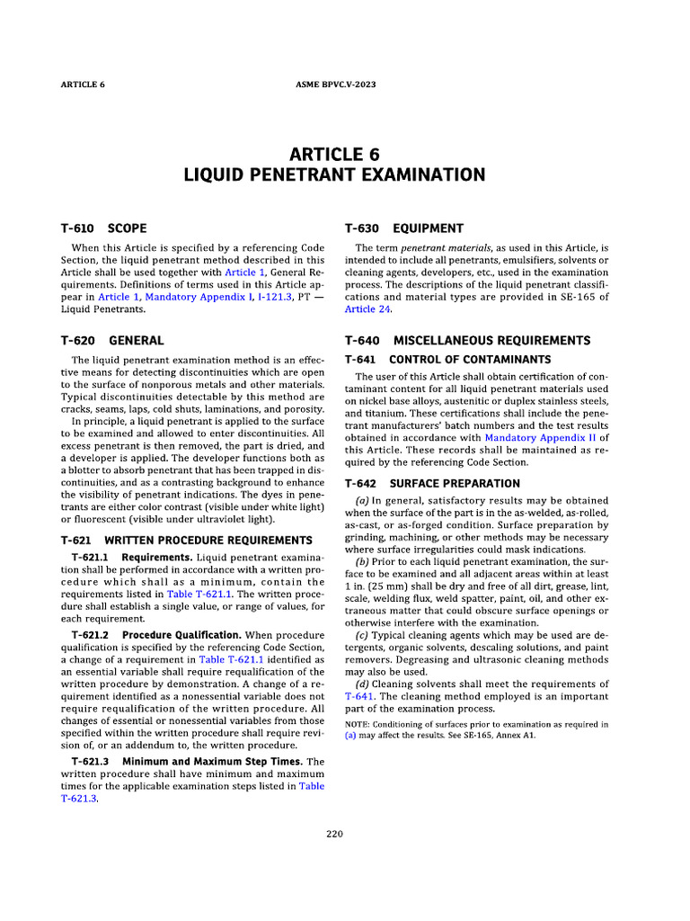 Asme V 2023 Article 6 Liquid Penetrant Testing | PDF