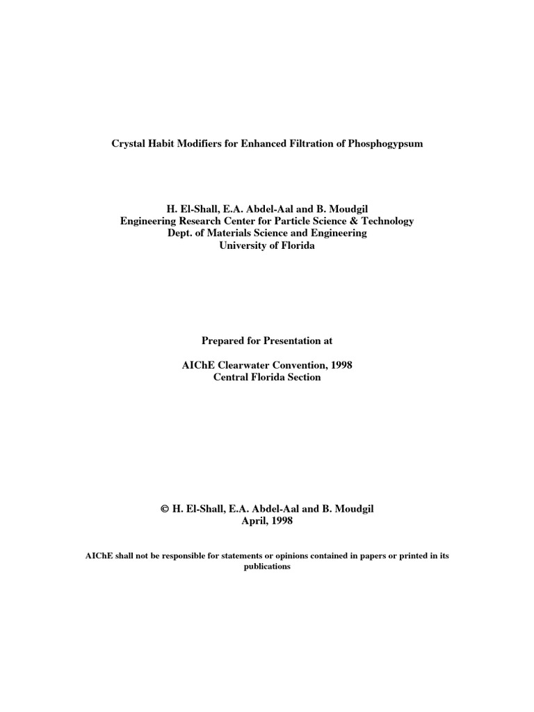Crystal Habit Modifiers For Enhanced Filtration of Phosphogypsum PDF