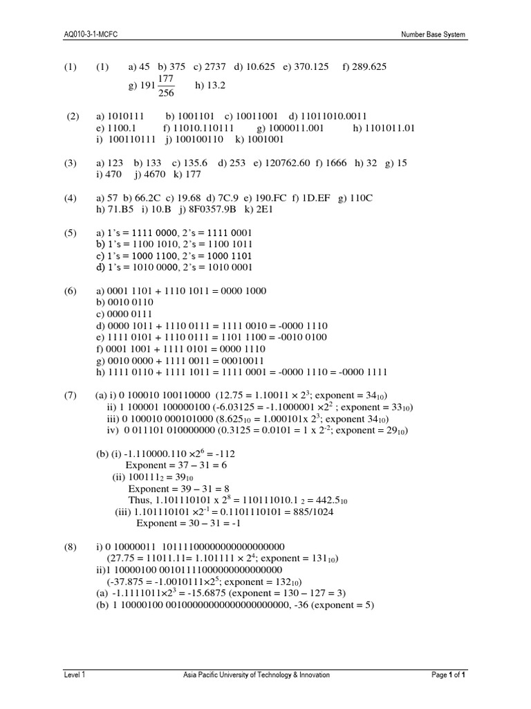 Chapter 1 Number Base System (Solutions) MCFC PDF