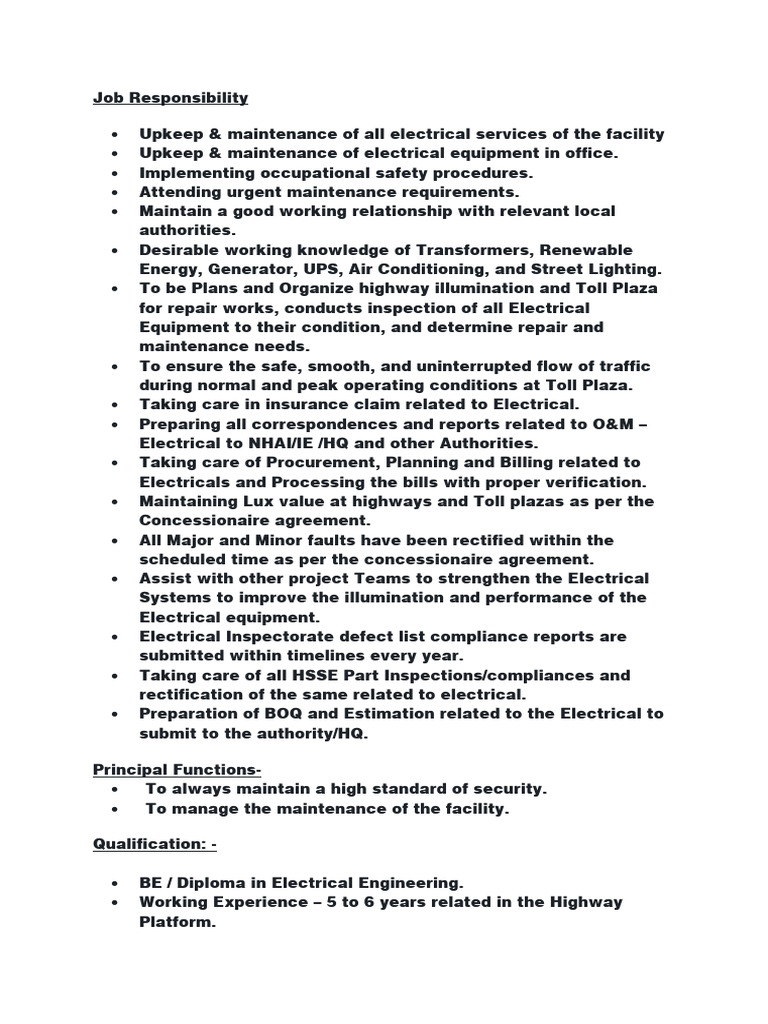 Job Responsibility_Electrical PDF