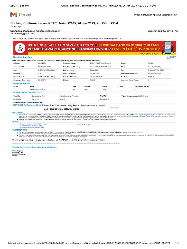 IRCTC Train 22675 Booking Confirmation | PDF | Credit Card | Debit Card