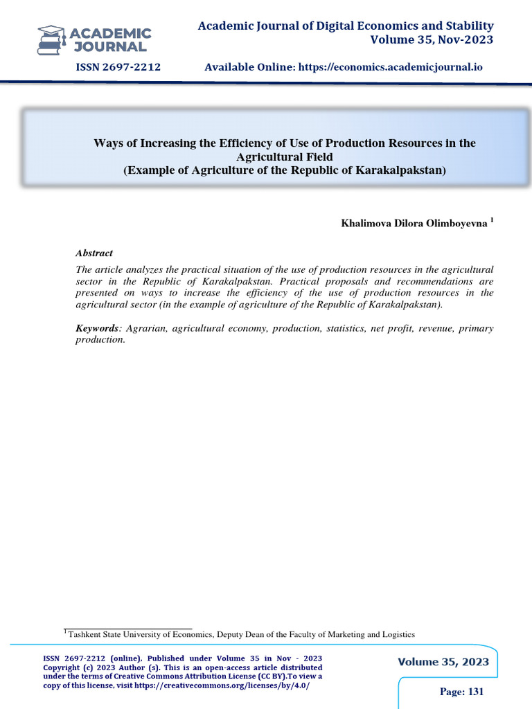Ways of Increasing The Efficiency of Use of Production Resources in The ...