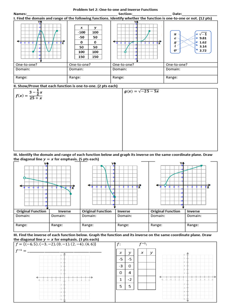 Problem Set 2 One to one and Inverse Functions | PDF | Function ...