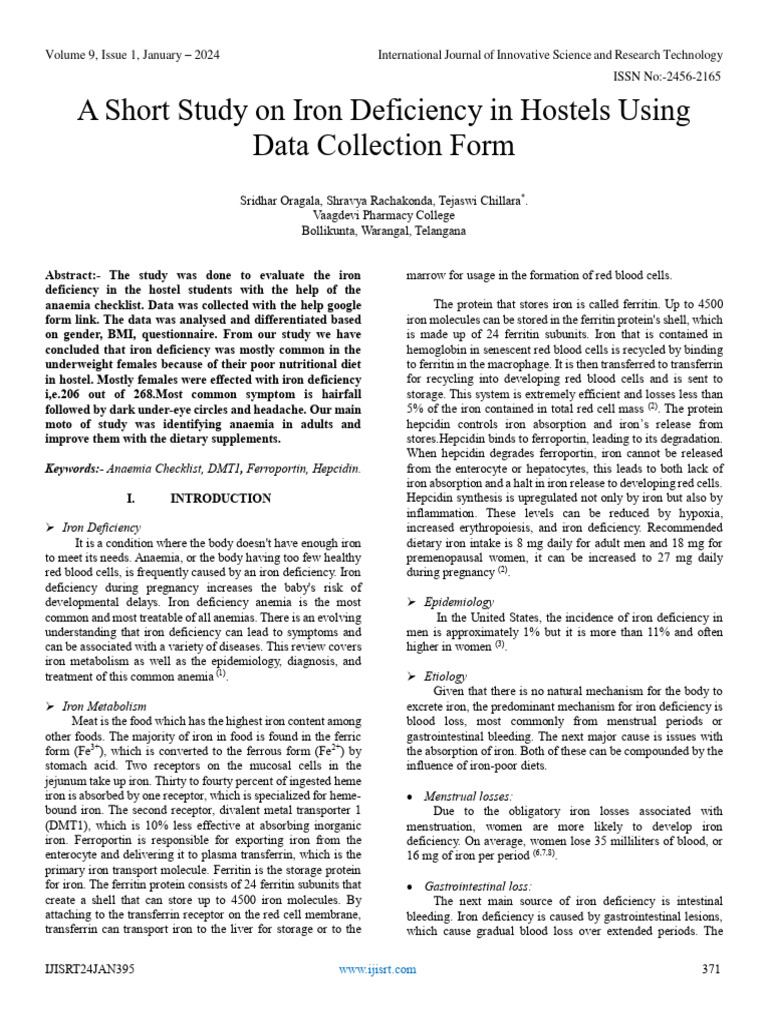 A short study on iron deficiency in hostels using data collection form