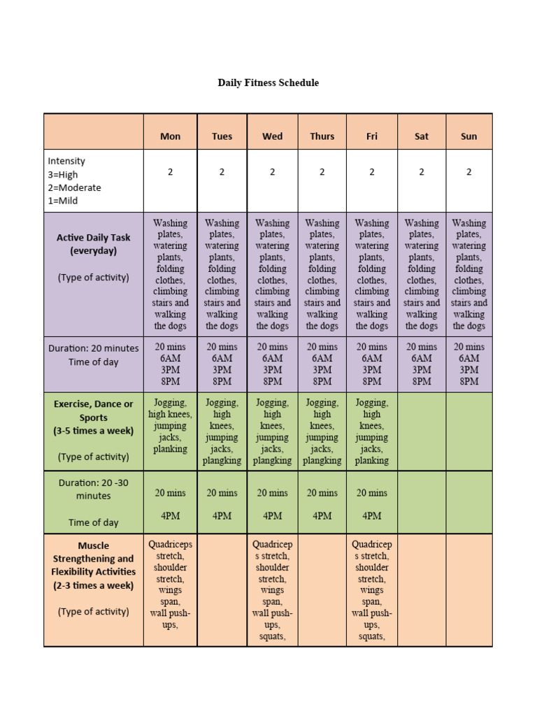 Daily Fitness Schedule Chart | PDF | Physical Fitness | Musculoskeletal ...
