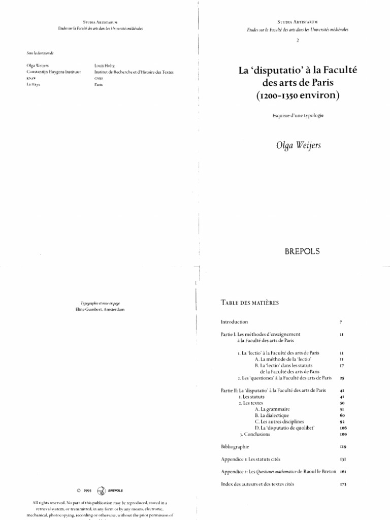 Olga Weijers - La Disputatio' À La Faculté Des Arts de Paris (1200-1350 ...