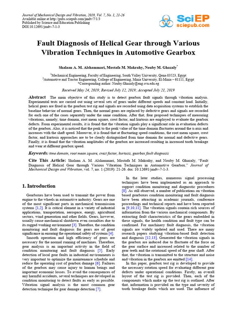 Fault Diagnosis of Helical Gear Through Various Vibration Techniques in ...