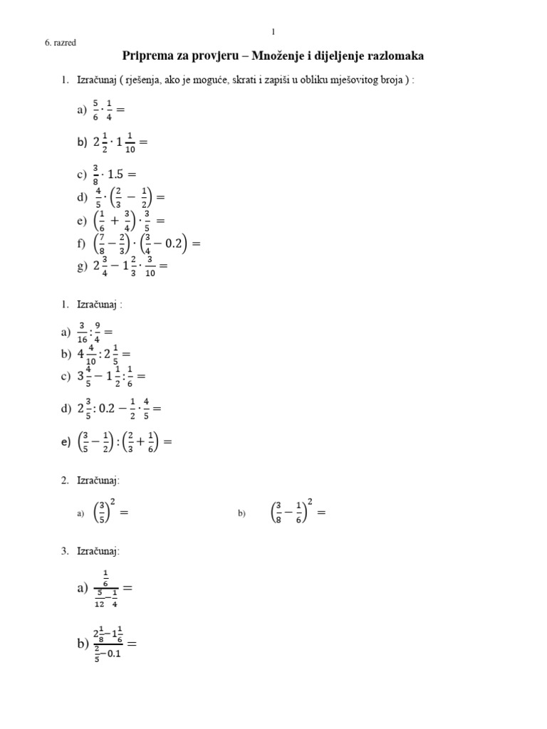 Priprema Za Provjeru Mnozenje I Dijeljenje Razlomaka | PDF