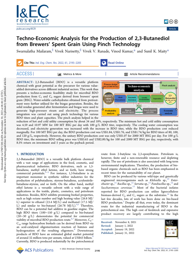 Cost Analysis of Bio-BDO Production | PDF | Heat Exchanger | Biorefinery