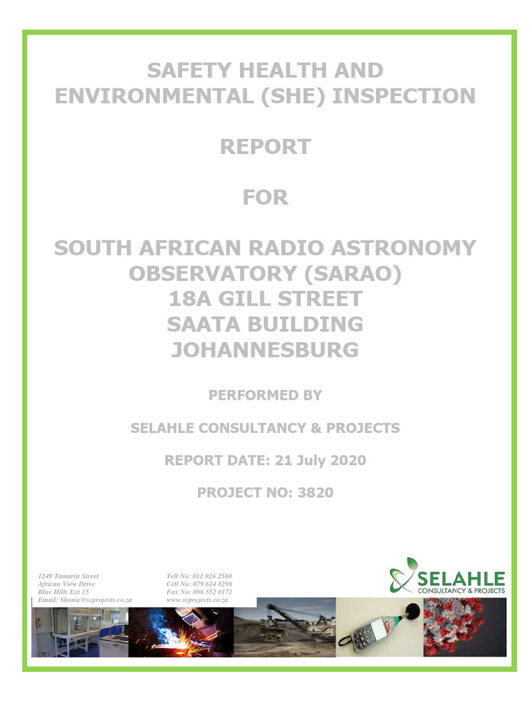 SHE Inspection Report for SARAO 2020 | PDF | First Aid | Regulatory ...