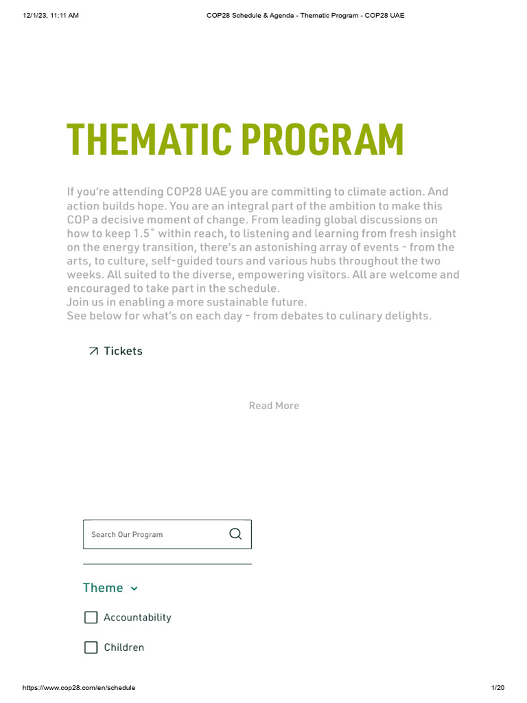 COP28 Schedule & Agenda - Thematic Program - COP28 UAE | PDF | United ...