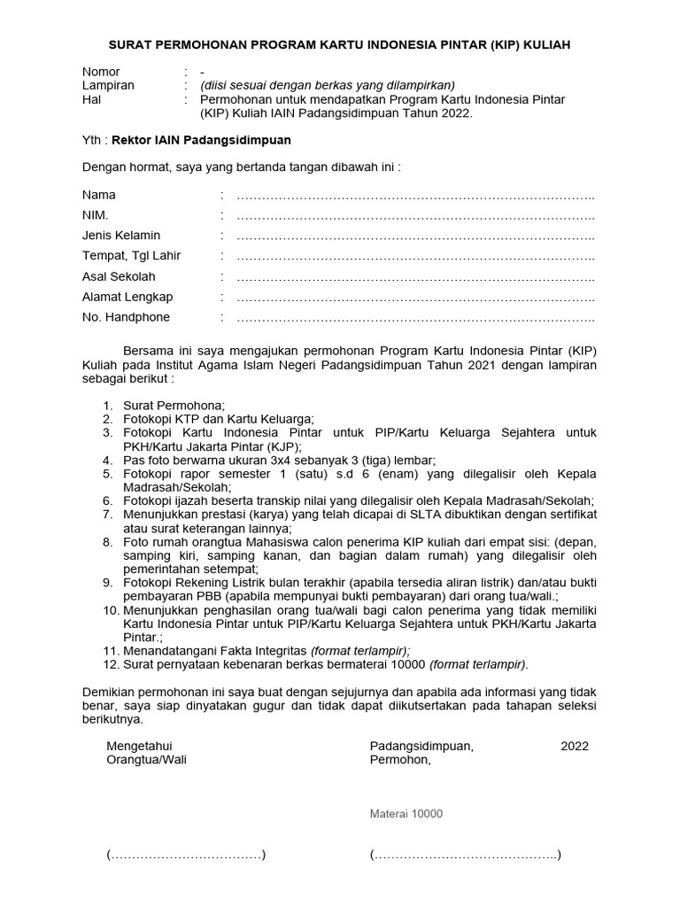 Format Surat Permohonan Program Kartu Indonesia Pintar Tahun 2022 | PDF