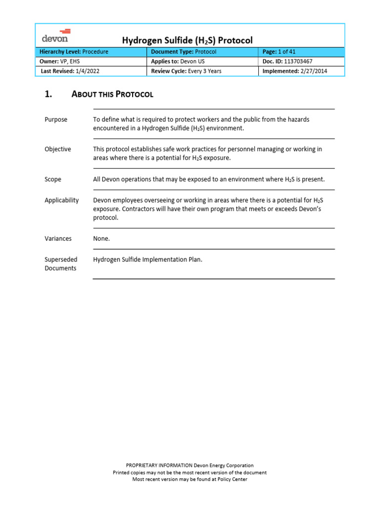 H2S Safety Protocol for Devon Employees | PDF | Chemistry