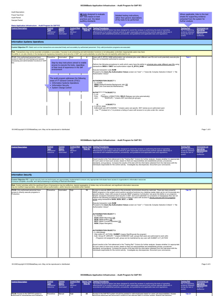 SAP Basis Infrastructure Audit Program Excerpt | PDF | Internal Control ...