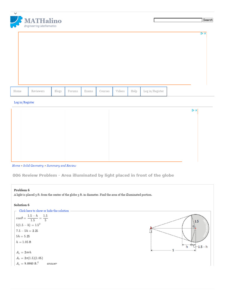 006 Review Problem - Area Illuminated by Light Placed in Front of The ...