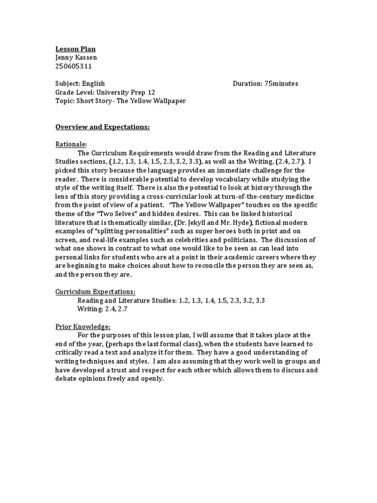 Lesson Plan Yellow Wallpaper Lesson Plan Narration