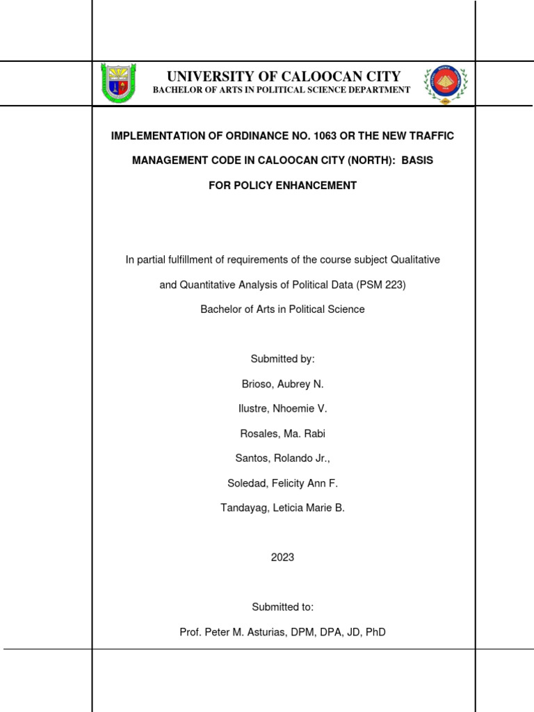 Implementation of Ordinance No. 1063 or the New Traffic Management Code