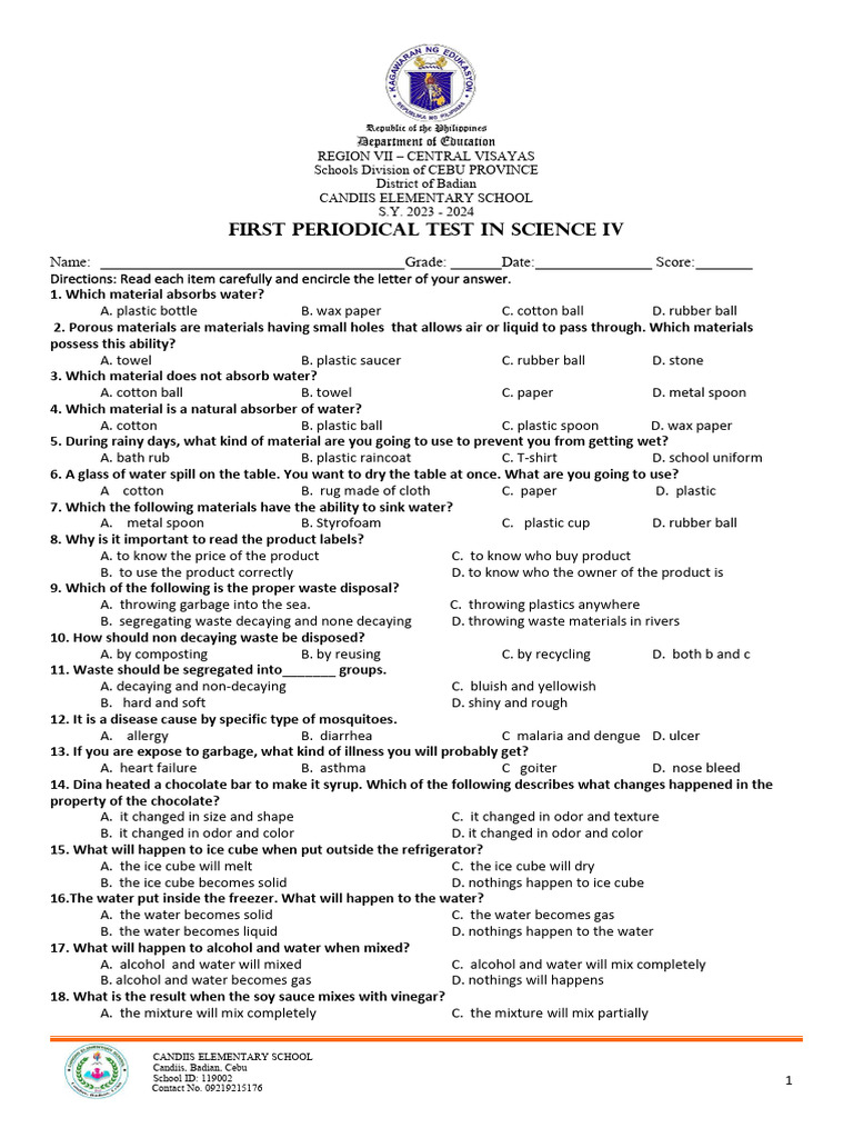 Candiis Elementary Science IV Test | PDF | Waste | Mixture