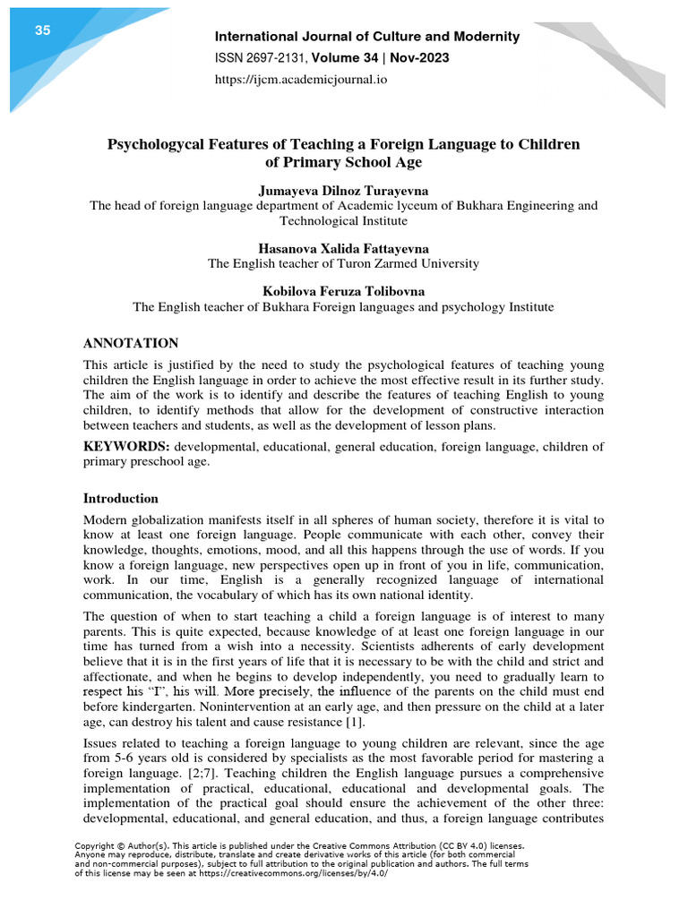 Psychologycal Features of Teaching A Foreign Language To Children of ...