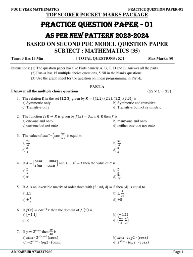 2nd PUC Maths Practice Question Paper 2024 | PDF | Derivative | Integral