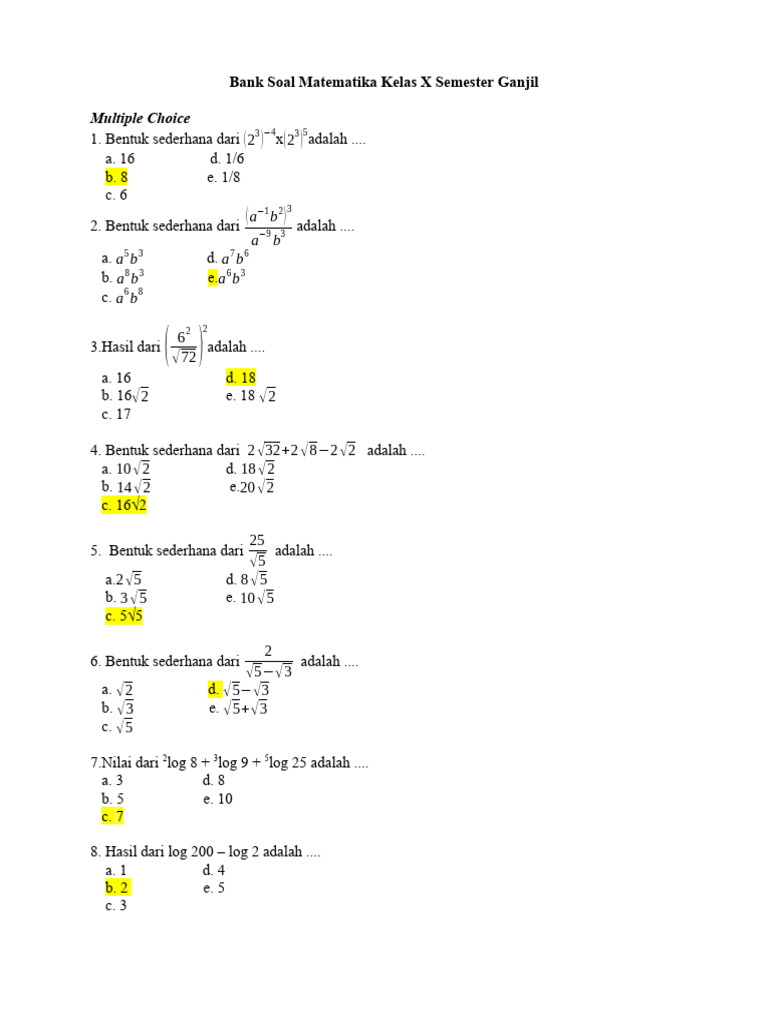 Bank Soal Mtk Kelas 10 X Jawaban Pdf