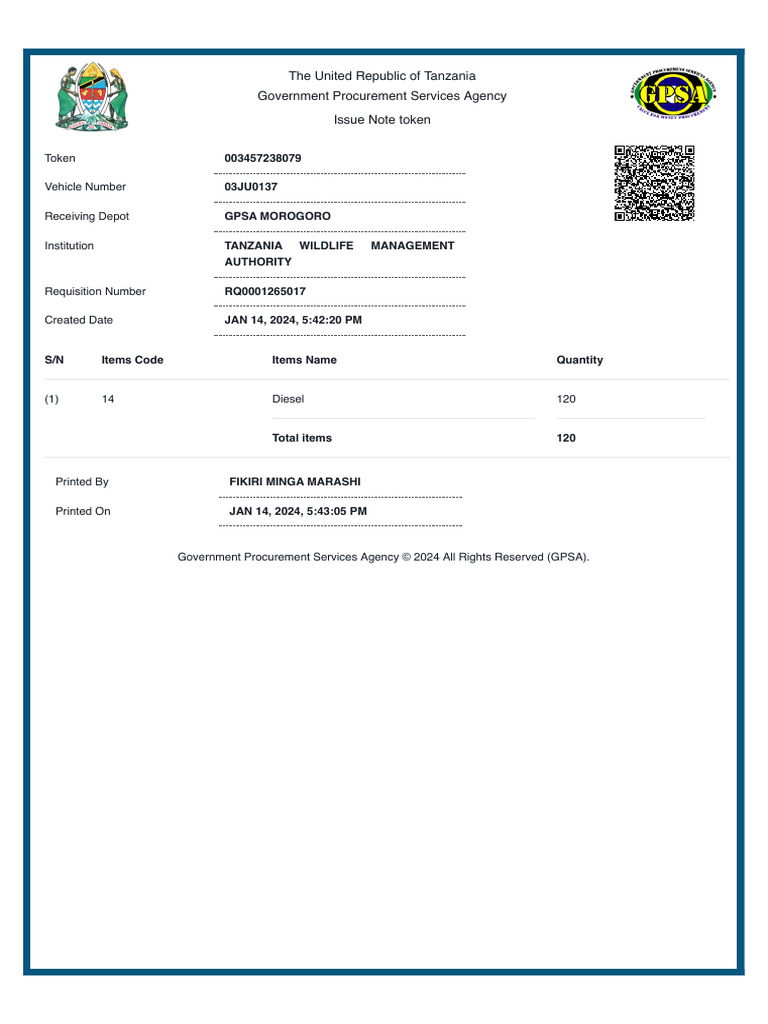 GPSA Vehicle Requisition Note - Tanzania | PDF