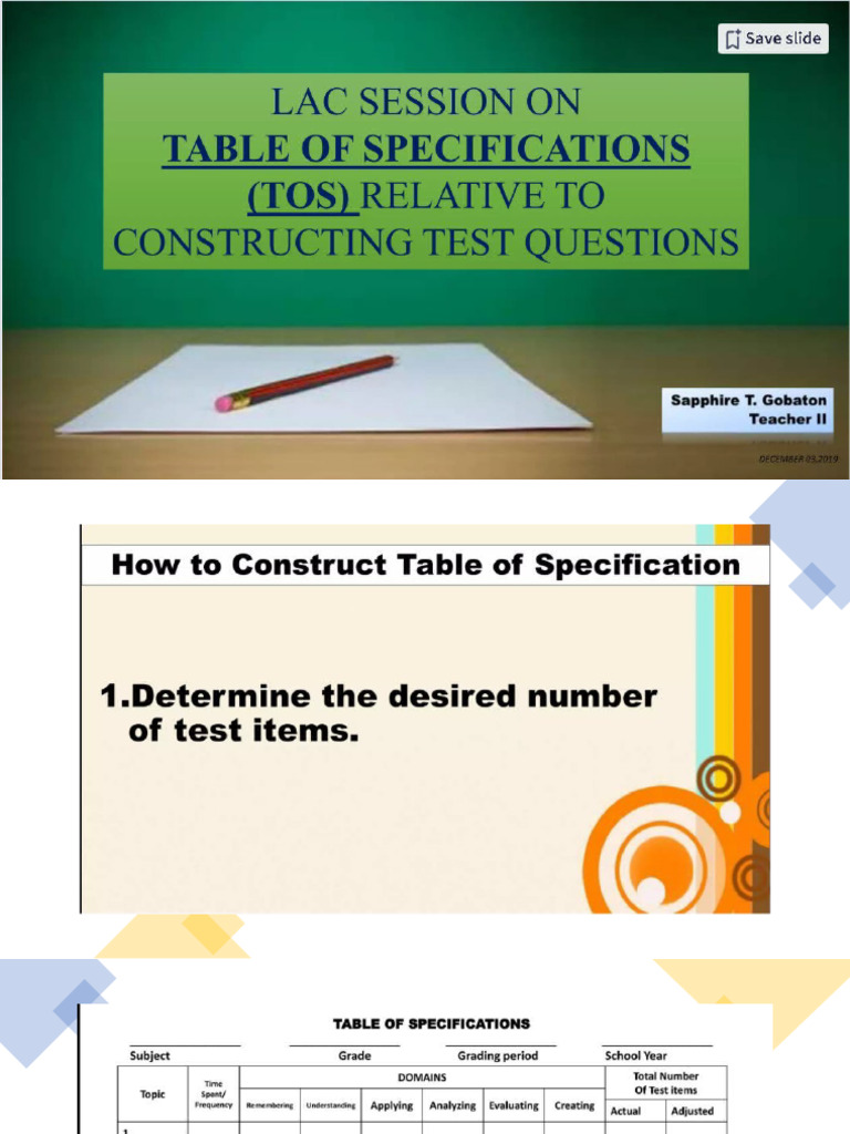 Lac Session On Table of Specification Tos Relative To Constructing Test ...