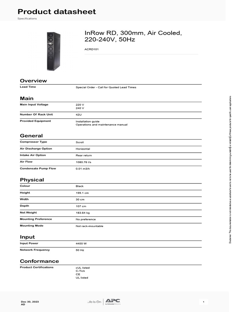 APC InRow RD Air Cooled Specifications | PDF | Electrical Engineering ...